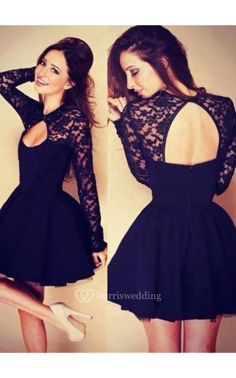 Vestido corto sexy de manga larga con escote halter para fiesta de bienvenida con encaje view 2