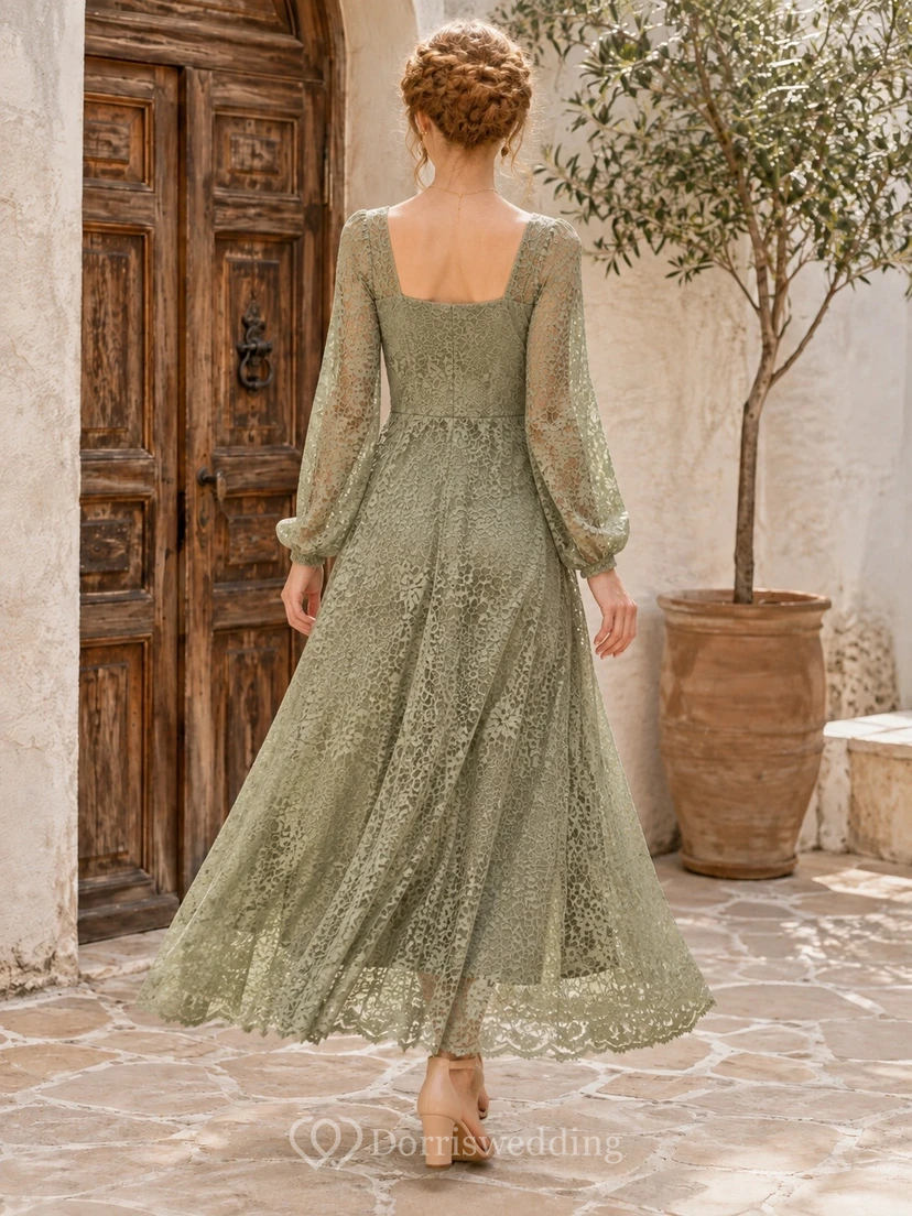 Sage Lace Square-Neck Long-Sleeve A-Line Ankle-Length Occasion Dress view 2