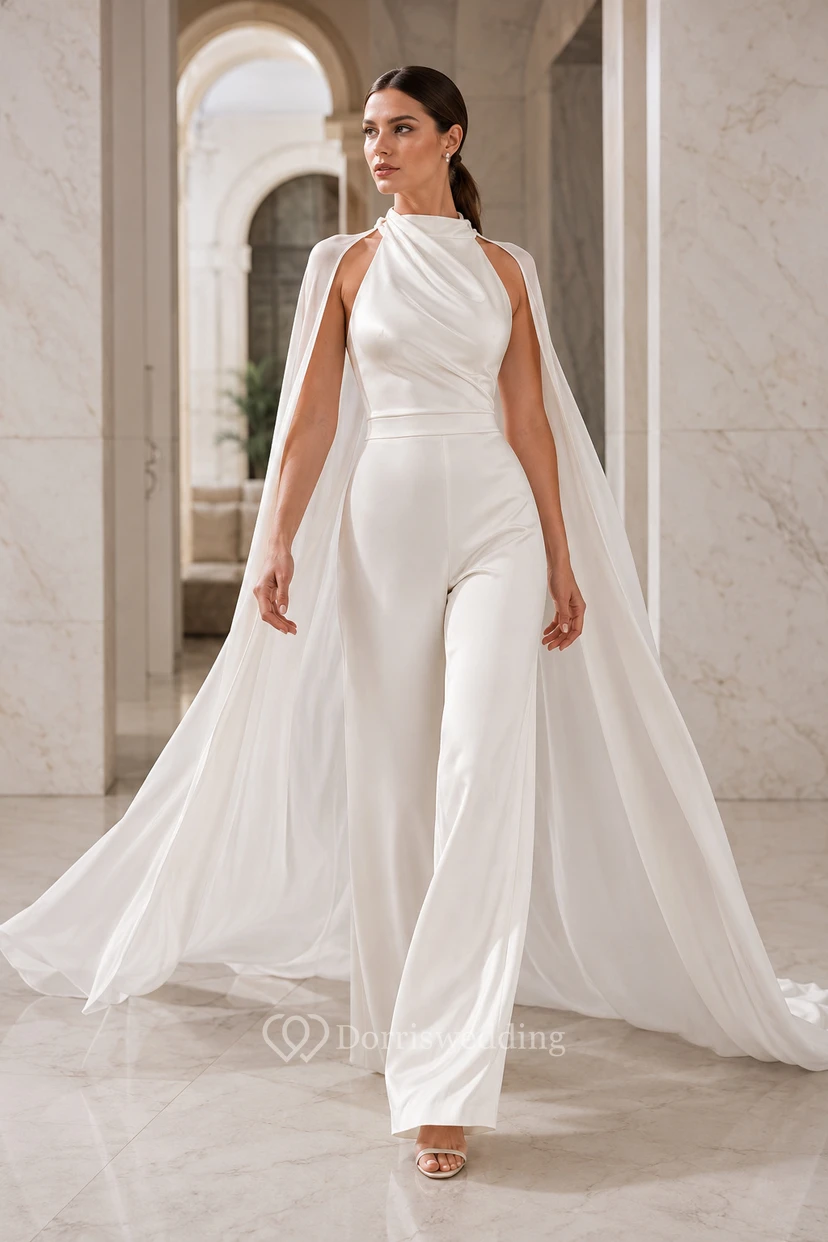 White Halter Cape Bridal Jumpsuit with Flowing Train Panels