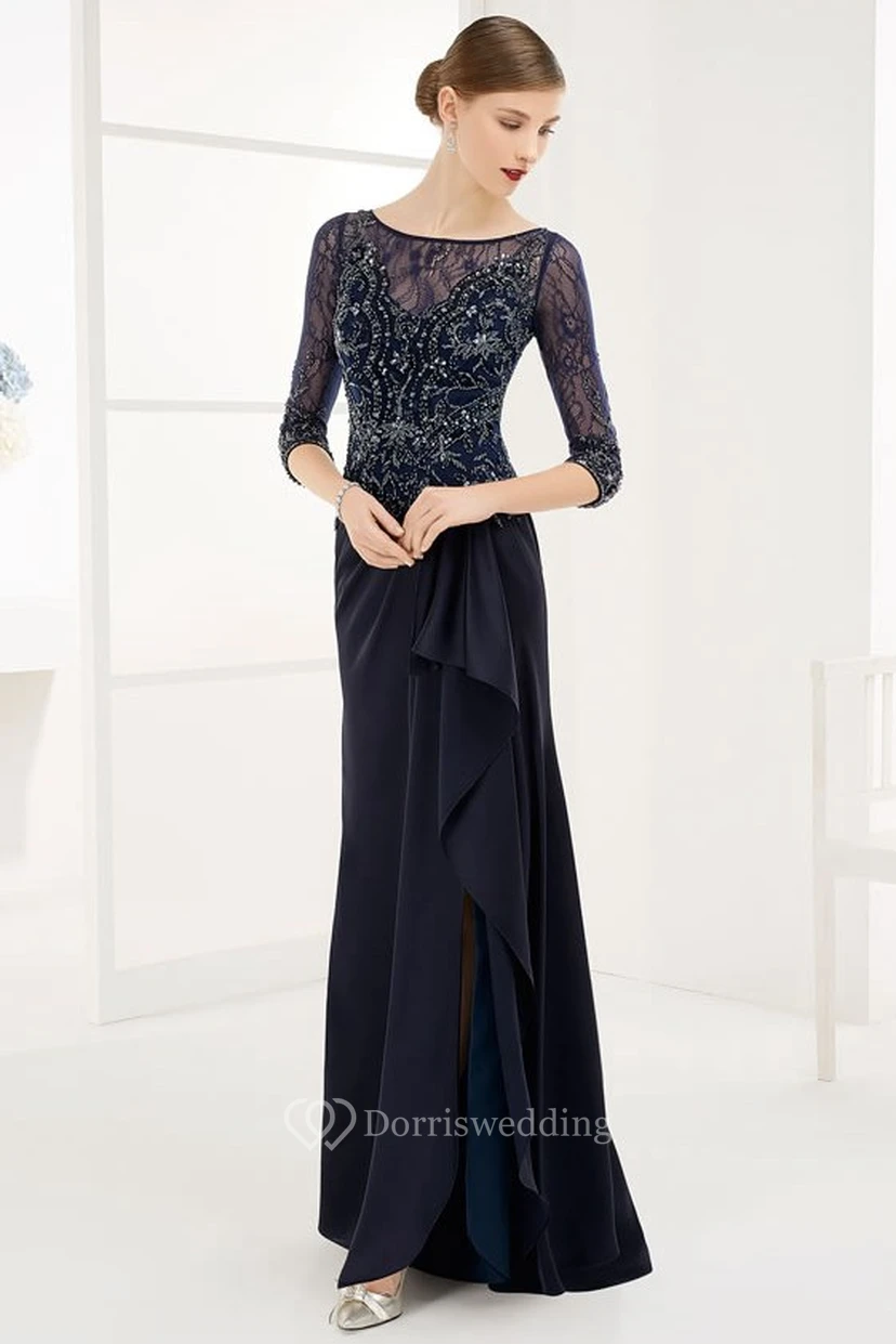 Sheath Floor-Length Beaded Half-Sleeve Scoop-Neck Chiffon Prom Dress With Draping