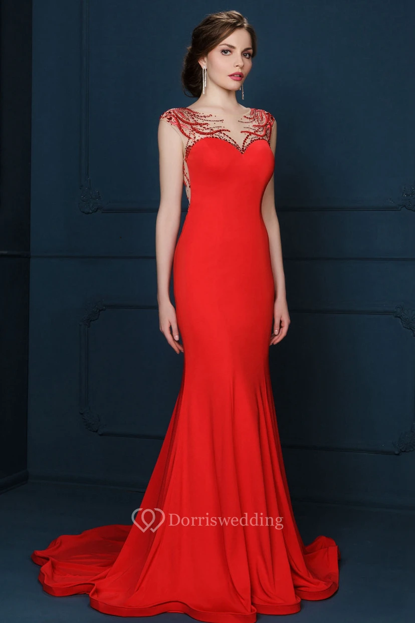 Sheath Beaded Cap-Sleeve Floor-Length Scoop-Neck Jersey Evening Dress With Pleats