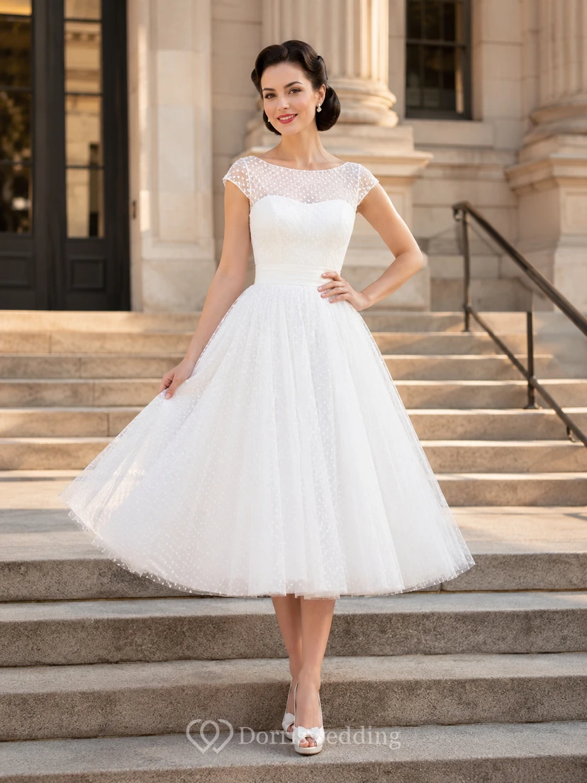 Vestido de novia civil vintage de corte A con escote barco y mangas cortas de tul, largo hasta la rodilla