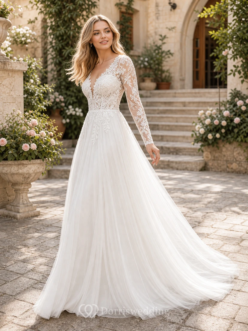 Vestido de novia campestre sexy de encaje con espalda en V y tul. view 7