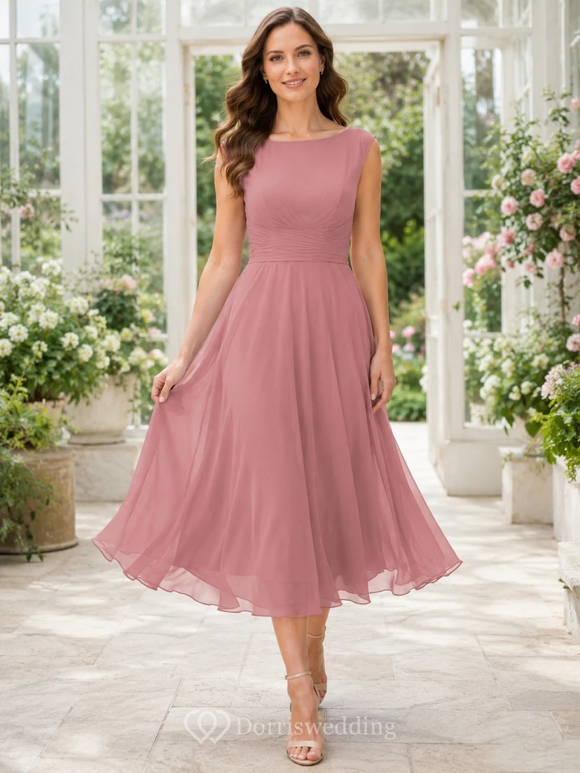 Vestido sencillo de invitada de boda, sin mangas, de gasa, corte A, largo hasta la rodilla, color rosa empolvado, con escote barco y estilo barco.