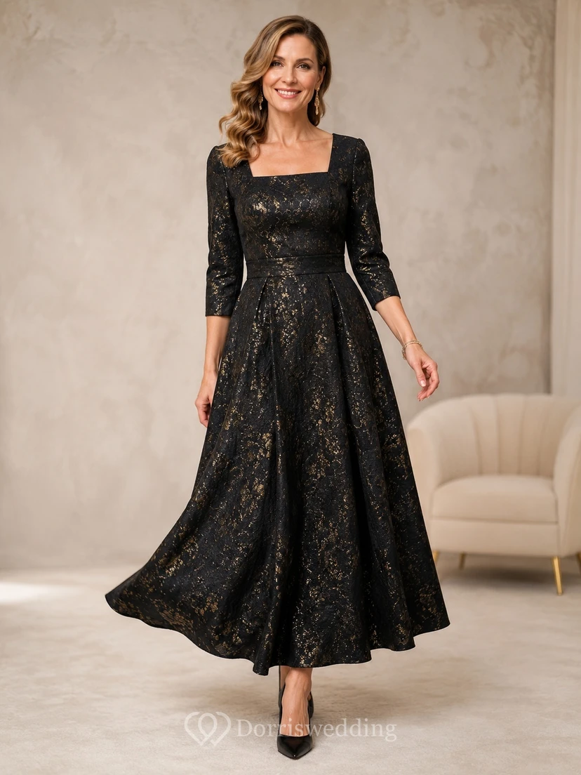 Modest Black Gold Square Neck Three-Quarter Sleeve A-Line Tea-Length Dress