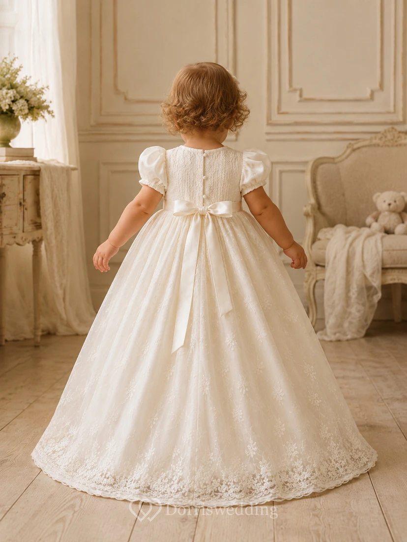 Champagne Puff Sleeve Christening Gown A-Line Lace Satin Jewel Neck view 2