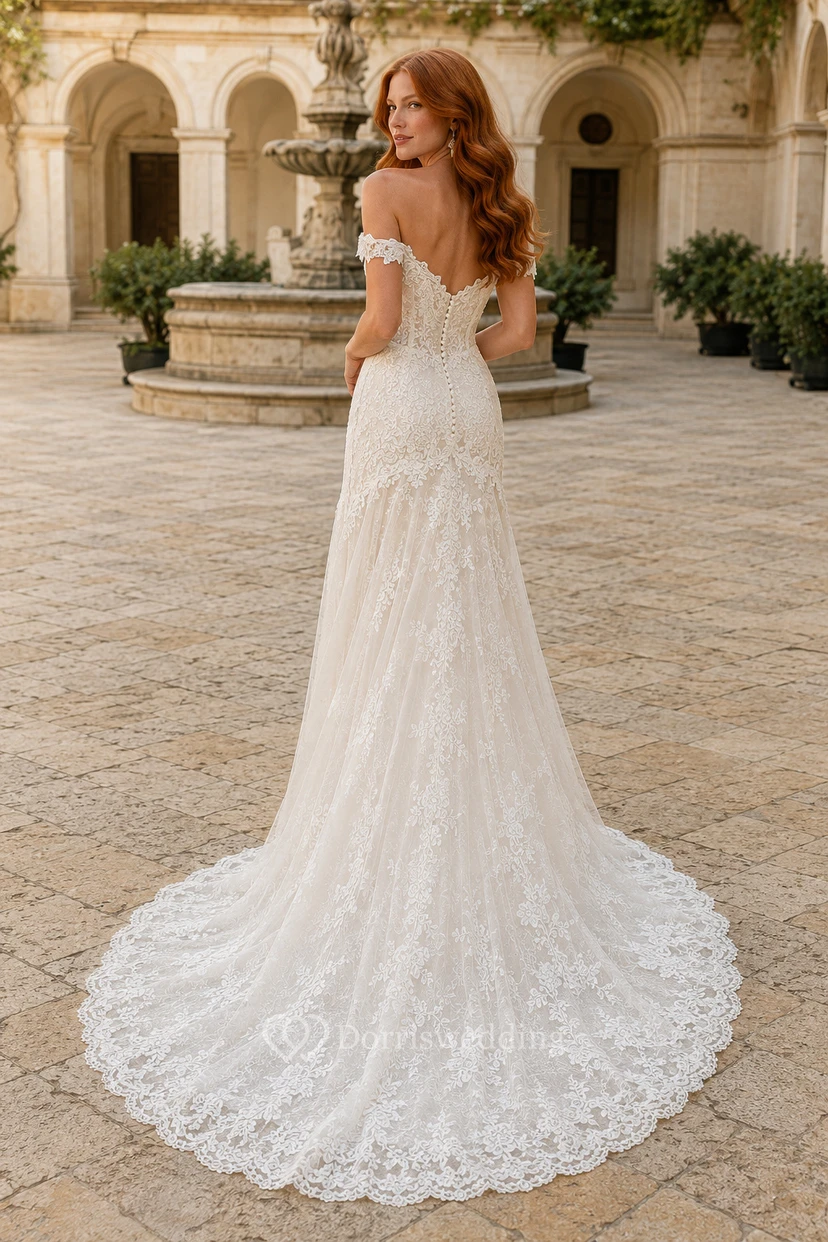 Schulterfreies Meerjungfrauen-Brautkleid aus Spitze mit Kapellenschleppe view 2