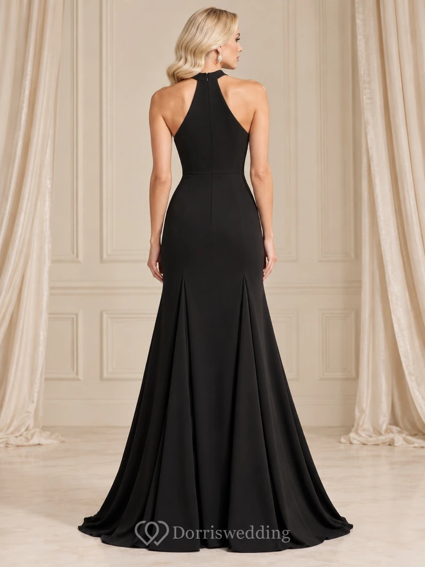 Black Simple Mermaid High Halter Godet Sleeveless Long Evening Gown view 2