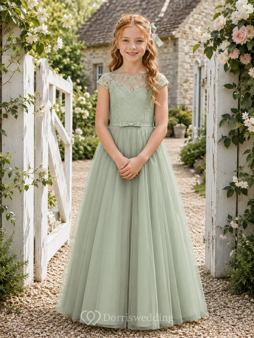 Salbeigrünes Chiffon-Blumenmädchenkleid in A-Linie, ärmellos, eckiger Ausschnitt, Teelänge, plissiert