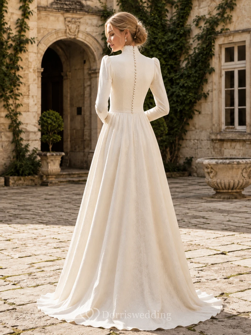 Robe de mariée vintage à col montant et boutons de nacre, style cour intérieure view 2