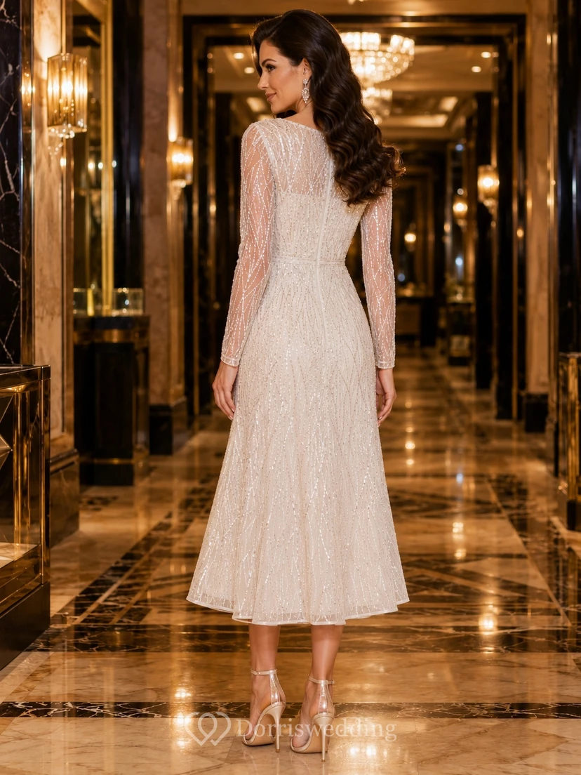Vintage V-Neck Long Illusion Sleeve Beaded A-Line Tea-Length Vegas Wedding Dress view 2