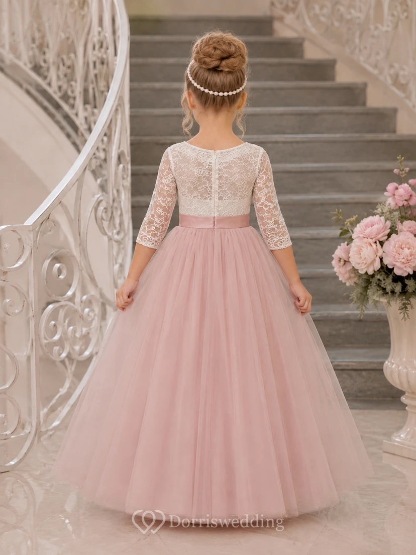 Blumenmädchenkleid aus rosafarbener Spitze und Tüll, A-Linie, lange Ärmel, Rundhalsausschnitt, Teelänge view 2