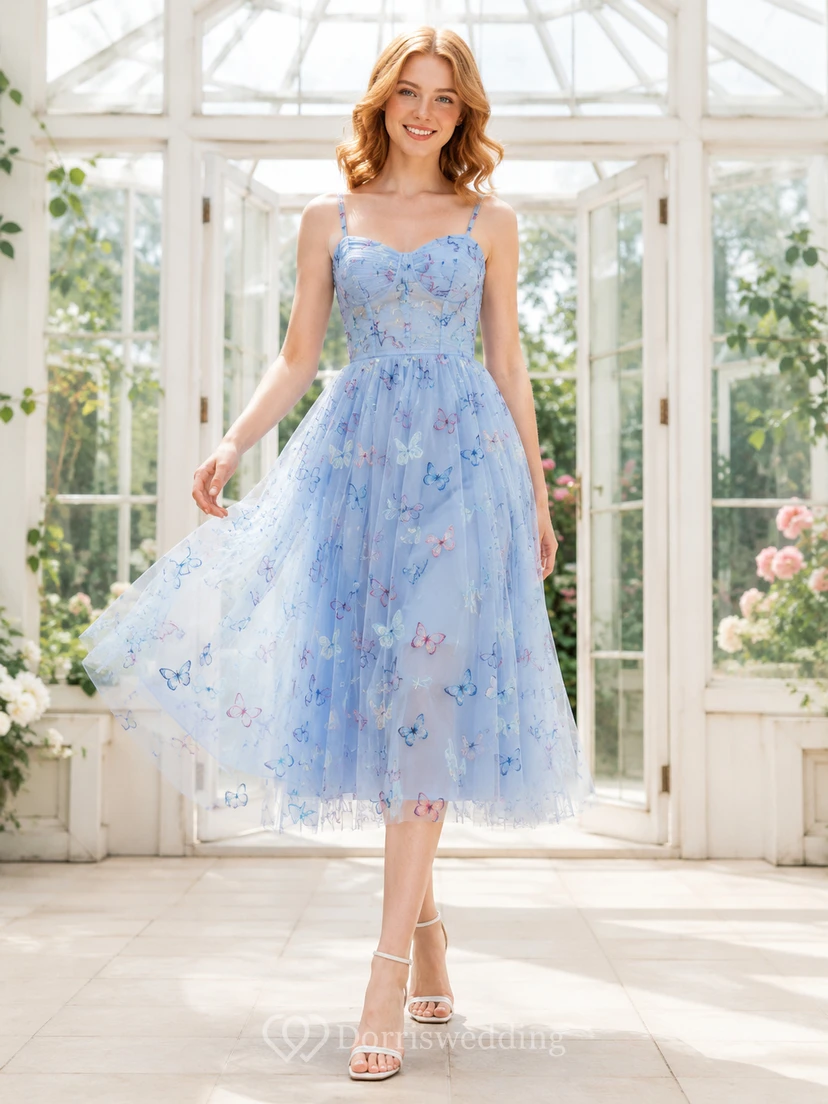 Blue Butterfly Print Tulle Greenhouse Party Midi Dress