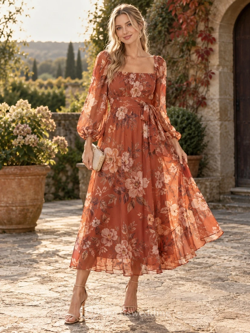 Persimmon Floral Print Square-Neck Puff Sleeve Tea-Length Chiffon Guest Dress