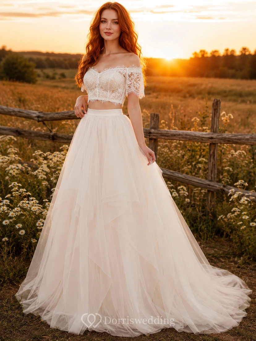 Two Piece Off Shoulder Lace Crop Meadow Ball Gown