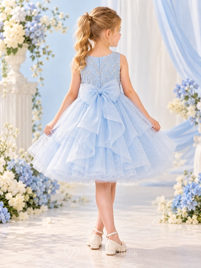 Sky Blue Beaded Bow Waist Tiered Knee-length Flower Girl Dress view 2