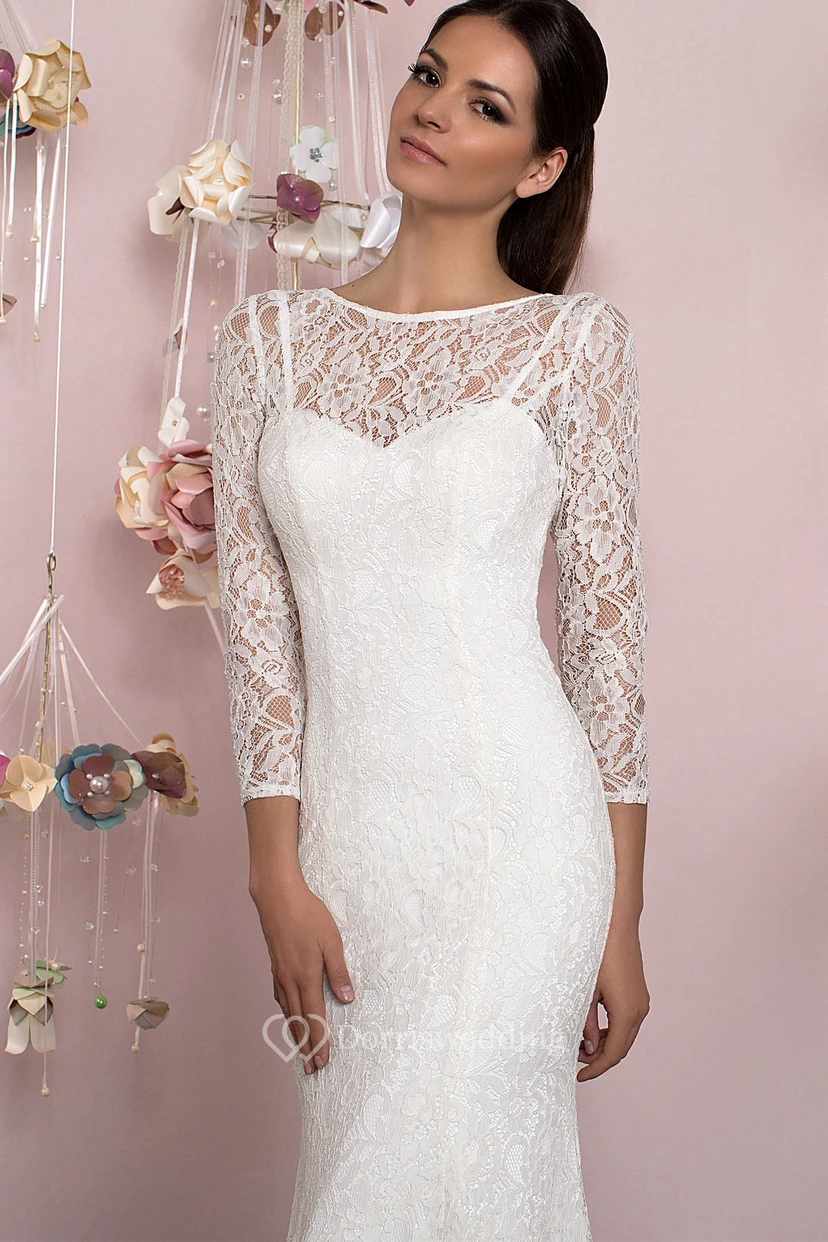 Sheath 3-4 Sleeve Bowed Scoop Neck Lace Wedding Dress With Brush Train view 3