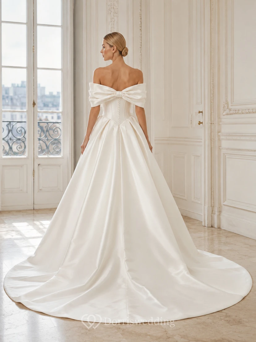 Robe de bal en satin à épaules dénudées et nœud, plissée, avec traîne chapelle view 2