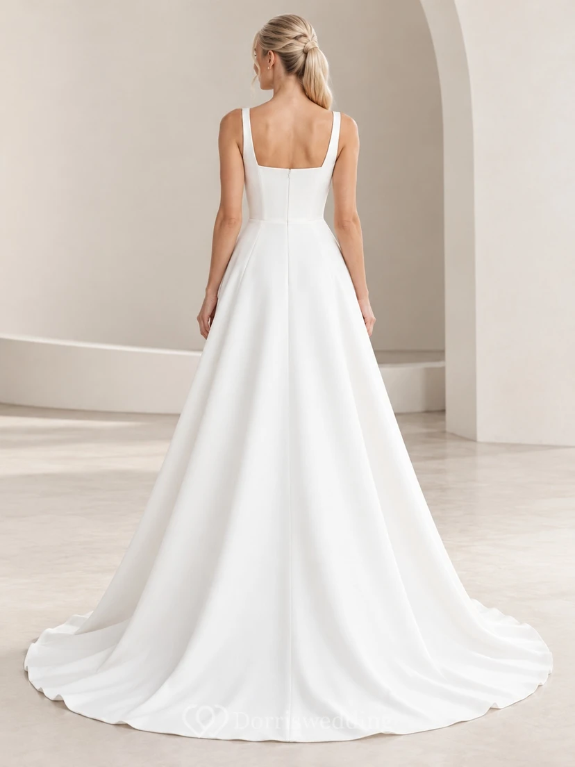 Simple Square Neck Satin Broad Strap A-line Train Wedding Dress view 2