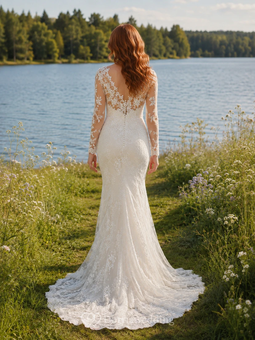 Brautkleid aus Spitze im Meerjungfrauenstil mit herzförmigem Ausschnitt, langen Ärmeln, Schleppe und tiefem V-Ausschnitt am Rücken view 2