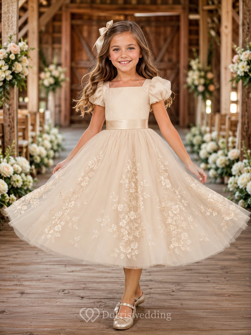 Lace Bodice Tulle A-Line Flower Girl Dress with Short Sleeves, Jewel Neck and Tea-Length Skirt