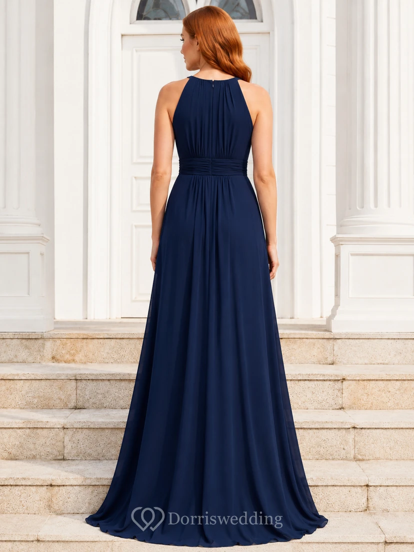 Church Ceremony Formal Dark Navy Simple Elegant A-Line Chiffon Bridesmaid Dress with Halter High Neck Sleeveless Floor-Length Pleated Open Back view 2