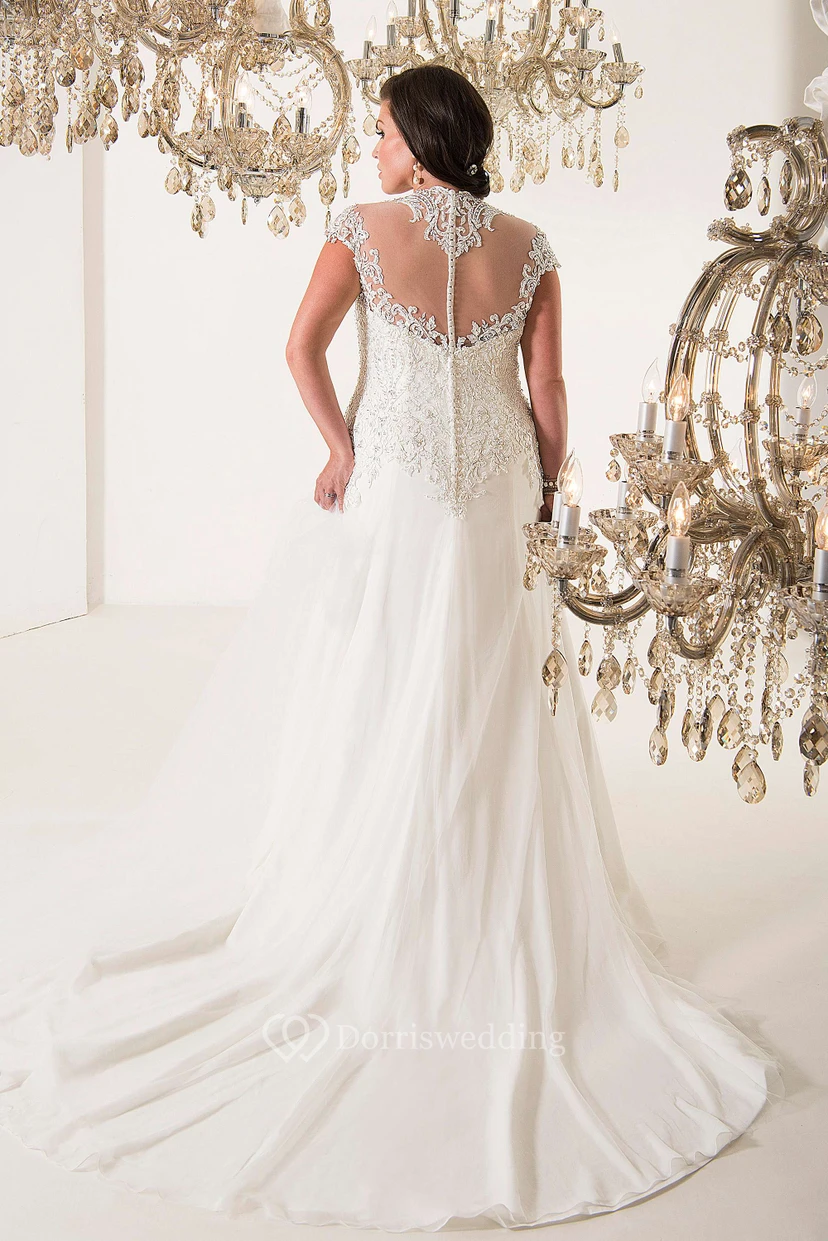 A-Line Floor-Length V-Neck Cap Tulle Chiffon Court Train Illusion Beading Dress view 3
