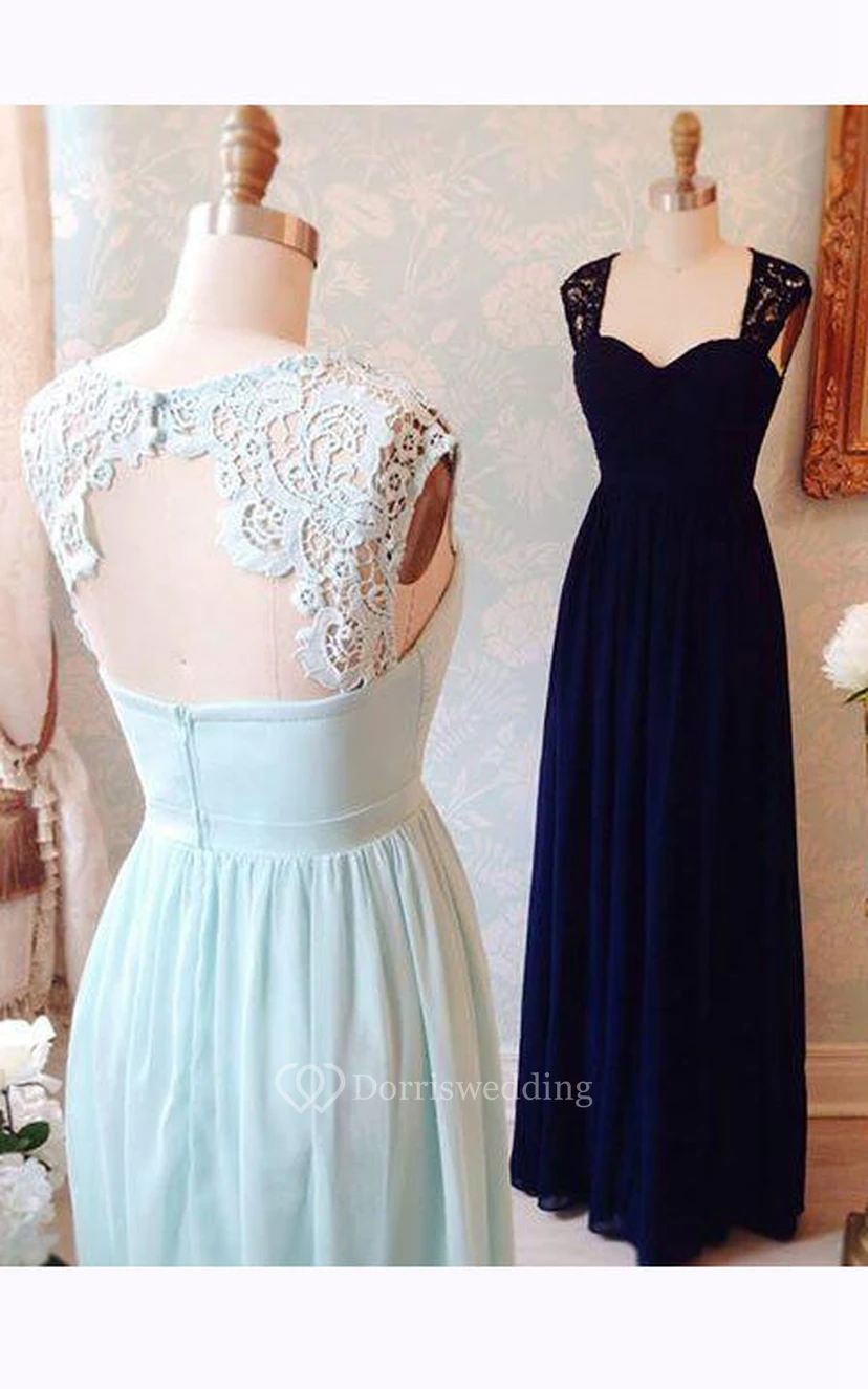 Cap-sleeved A-line Long Chiffon Dress with Keyhole Back