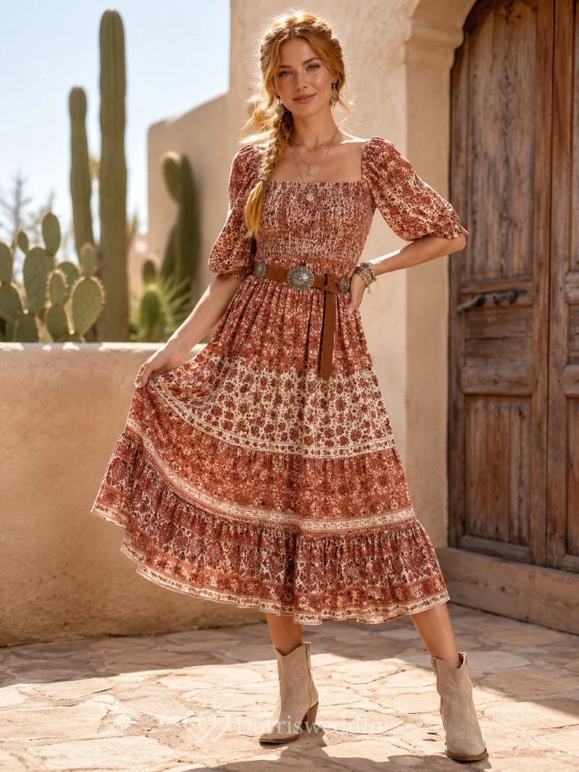 Rust Floral Square Neck Puff Sleeve Tiered A-Line Ankle-Length Bohemian Western Dress