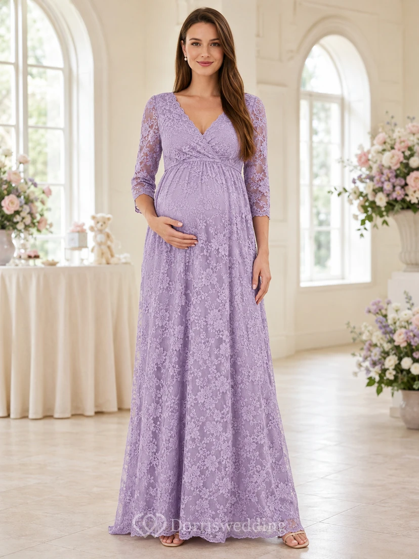 Vestido formal largo hasta el suelo con escote en V y mangas tres cuartos, color lavanda, ideal para el tercer trimestre de maternidad.