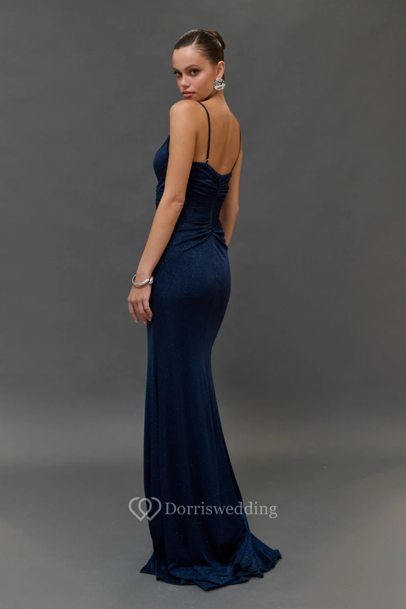 Dark Navy Spaghetti Sheath Ruched Front Split Sexy Dress view 5