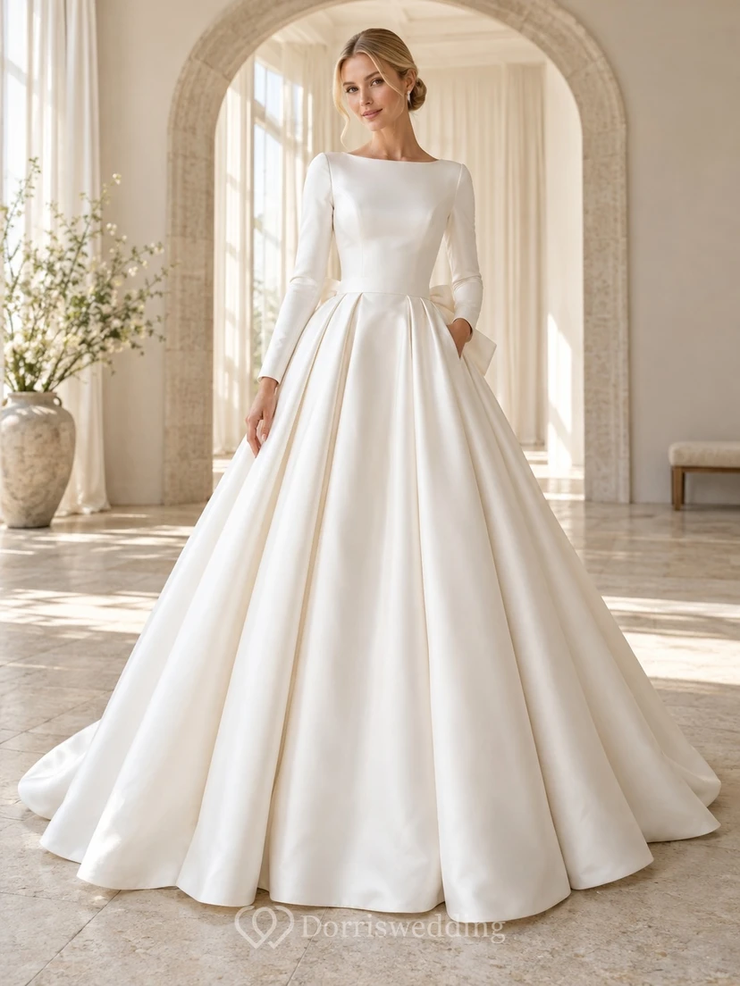 Robe de mariée simple et modeste à manches longues et nœud bateau en satin, style bal, robe de bal.