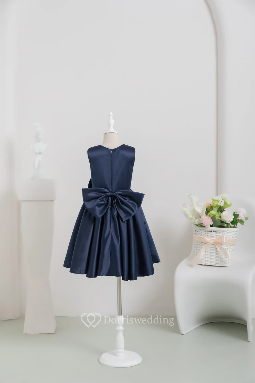 Jewel Satin Short A-line Bowed Dark Navy Flowergirl Dress view 2
