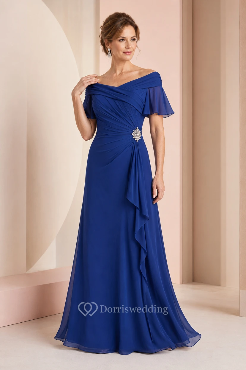 MOB-Kleid, königsblau, Chiffon, A-Linie, kurze Ärmel, schulterfrei, bodenlang, Rüschenbesatz