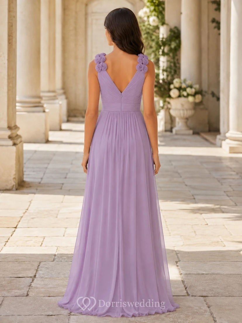 Lavendelfarbenes Brautjungfernkleid für junge Frauen, A-Linie, herzförmig, ärmellos, Chiffon, mit floralen Details, romantisch view 2