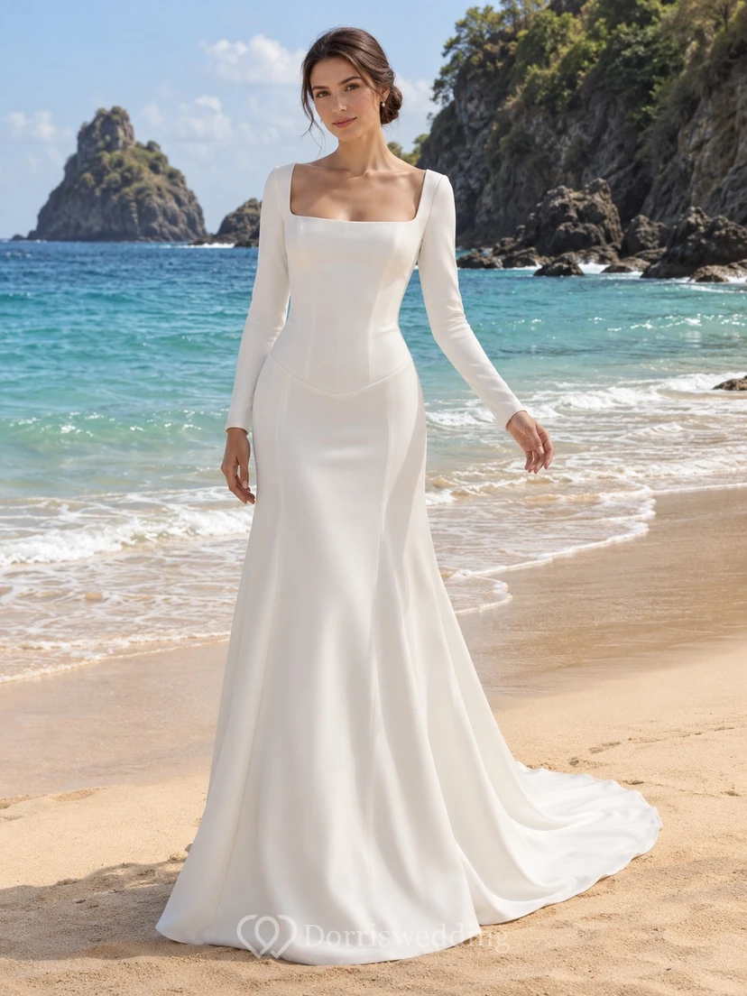 Mermaid Square Neck Long Sleeve Crepe Wedding Dress with Bodice and Sweep Train