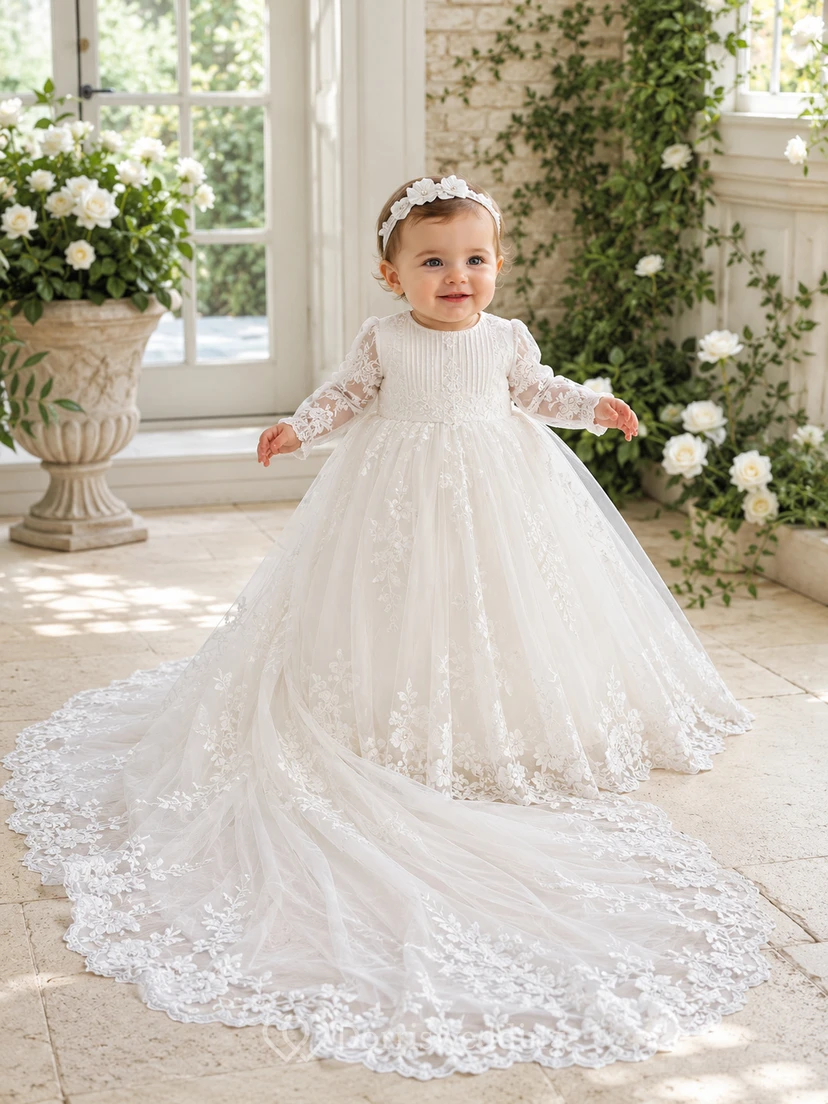 Vestido de lujo para ceremonia de bautizo/bautizo, corte A, largo hasta el suelo, cola de capilla, cuello joya, manga larga, tul, encaje, espalda abotonada.
