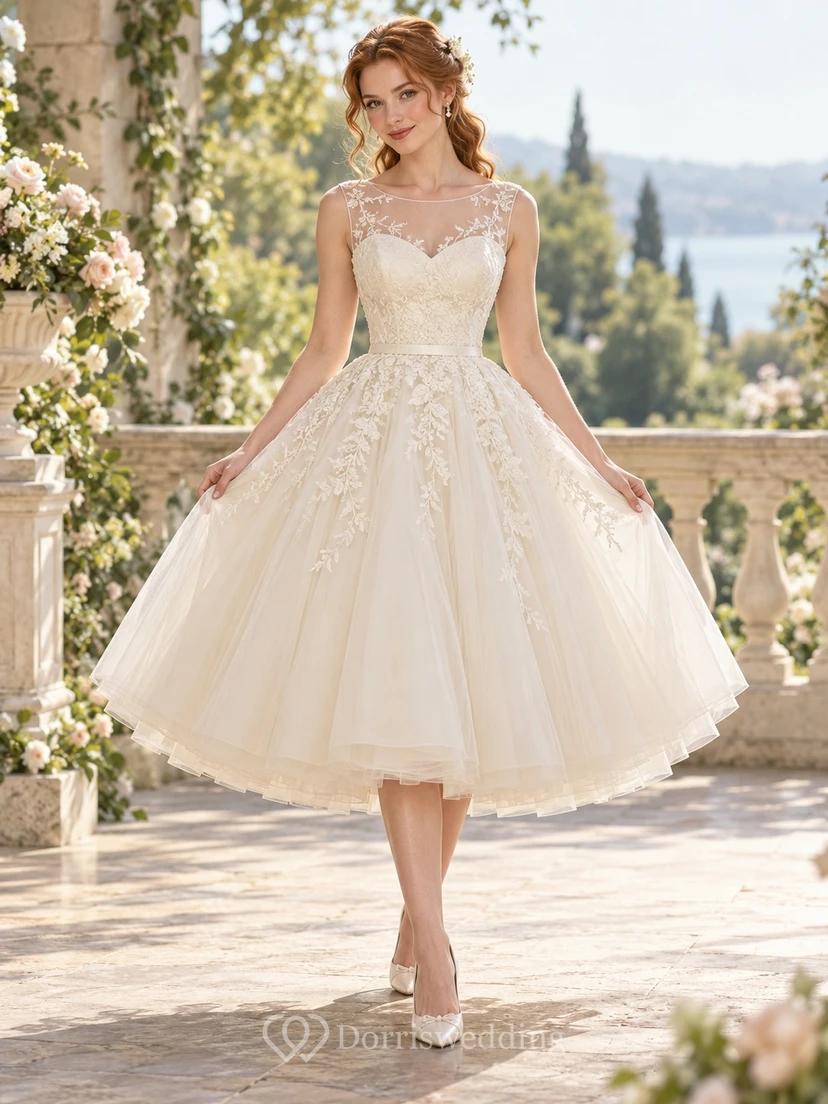 Vintage Tea-length Sleeveless Floral Tulle Illusion A-line Wedding Dress