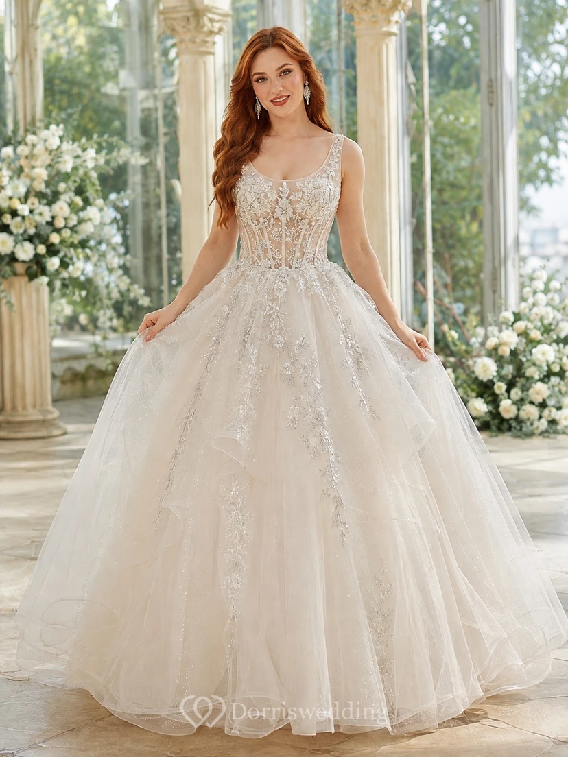 Romantic Beaded Sweetheart Tulle Princess Ball Gown Floor-length Bridal Dress