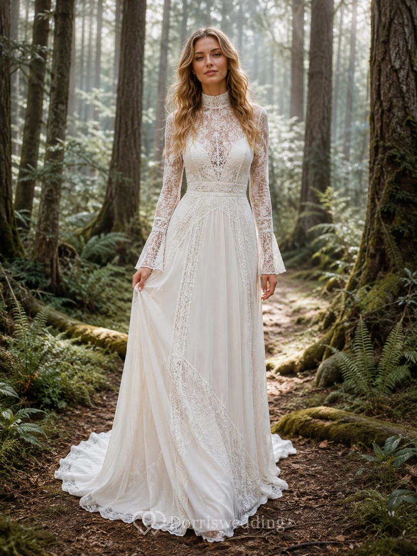 Boho-Hochzeitskleid aus Waldspitze mit hohem Kragen und langen Ärmeln