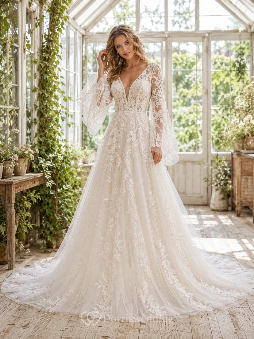Vestido de novia de corte A con escote en V y mangas largas, de encaje y cola catedral.