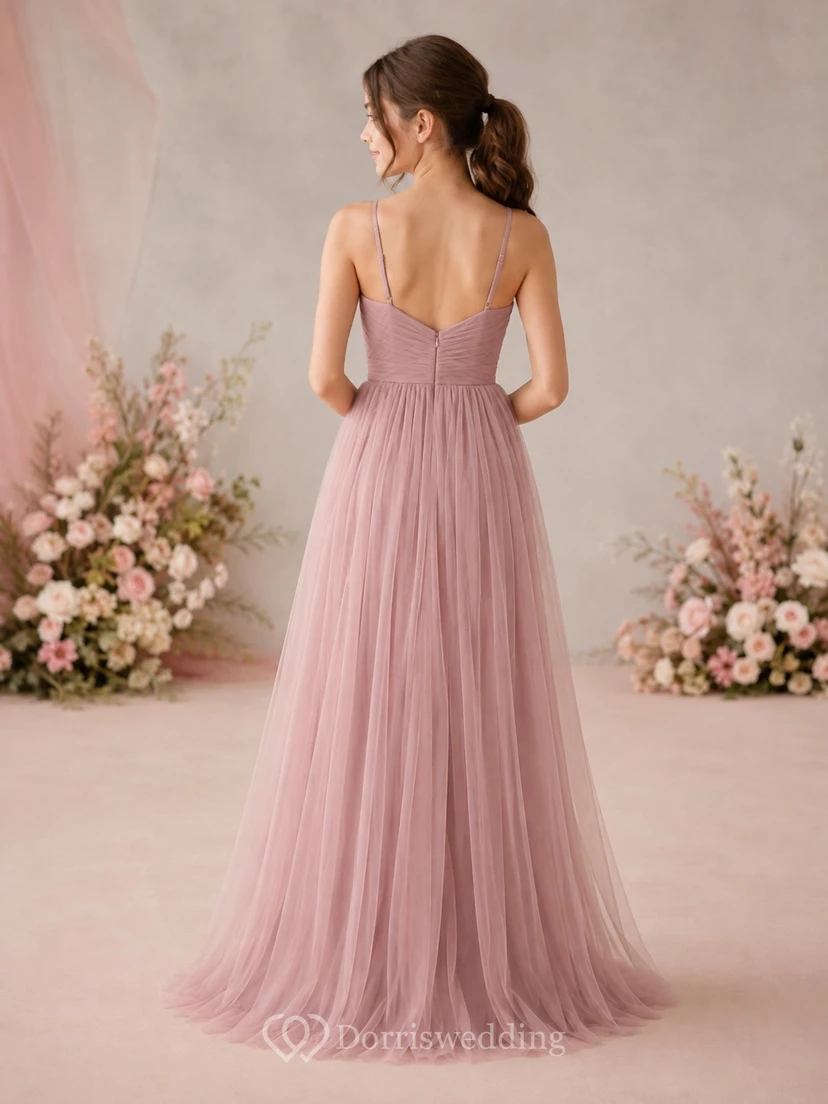 Vestido de dama de honor juvenil rosa perla, corte en A, tirantes finos, sin mangas, sencillo. view 2