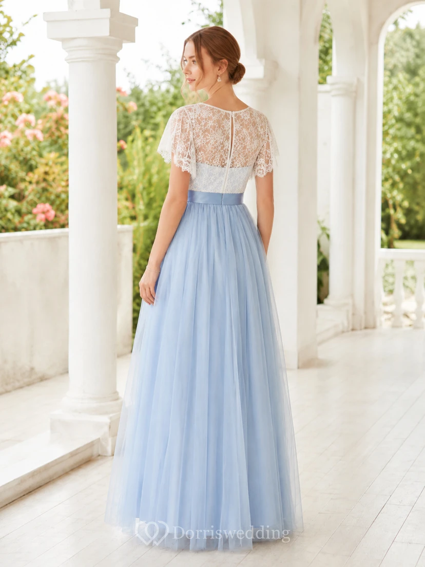 Vestido de invitada romántico de corte A con mangas de encaje corto y tul en azul cielo joya view 2