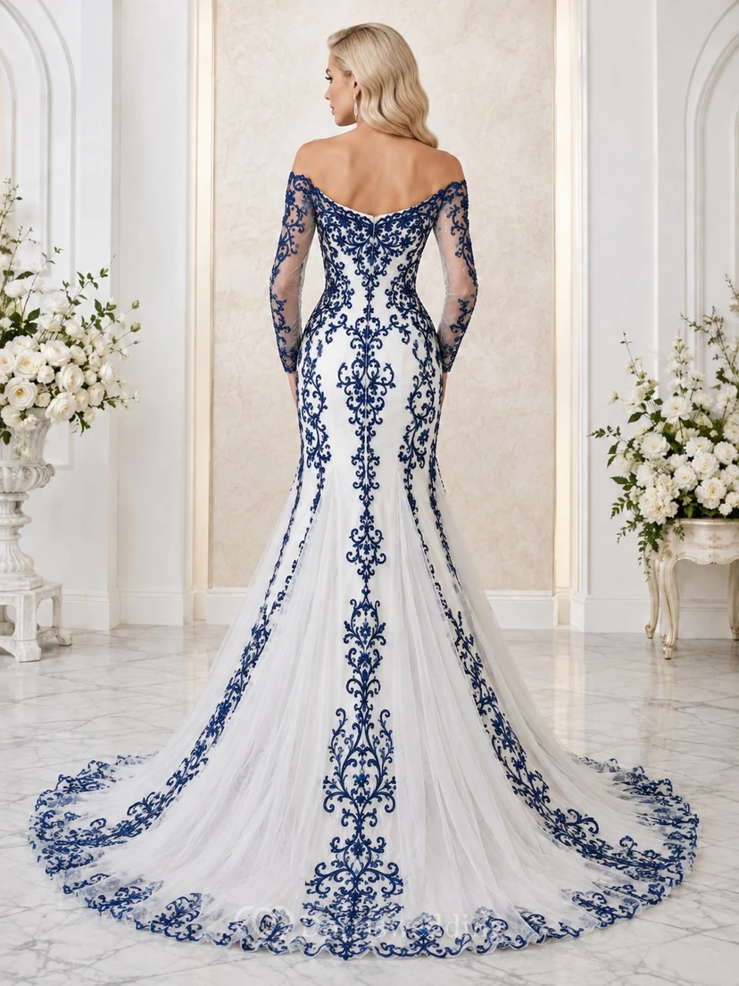 Marineblaues, aufwendig verziertes Meerjungfrauen-Brautkleid mit schulterfreiem Schnitt, langen Ärmeln und Spitze view 2