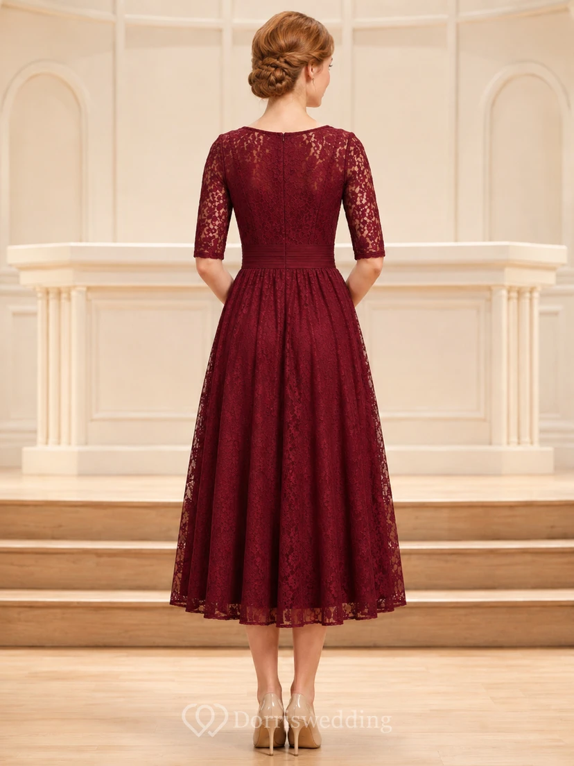 Burgundy lace three quarter sleeve choir concert midi dress view 2