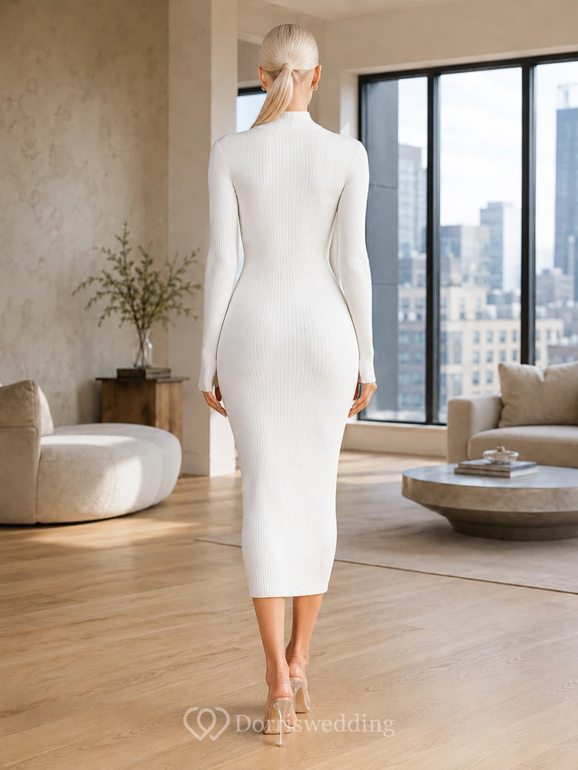 Robe de mariée moderne en jersey, coupe ajustée, longueur thé, col montant et manches longues, coupe colonne épurée view 2
