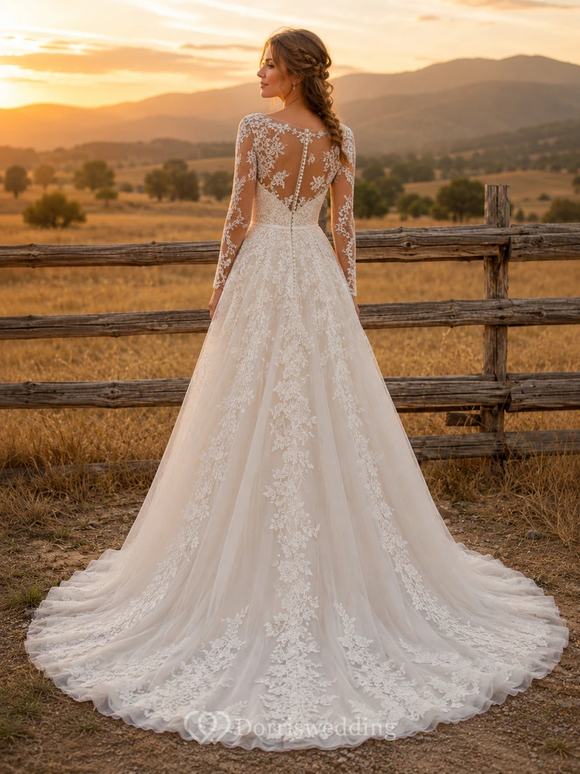 Vestido de novia de tul y encaje campestre, corte en A, escote en V, sin mangas, cola de capilla, espalda baja en V. view 2