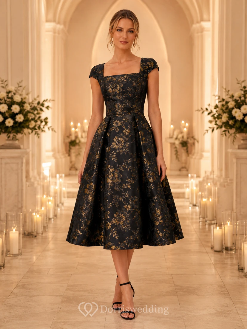Vestido midi de invitada con cuello cuadrado, brocado y mangas cortas en color negro y dorado.
