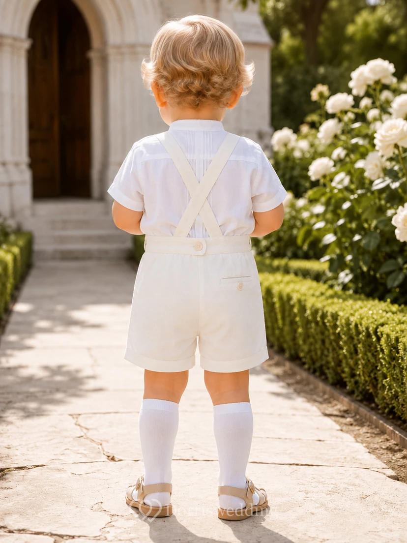 Weißes Kurzarm-Tauf-Shorts-Set für draußen mit Falten und Hosenträgern view 2