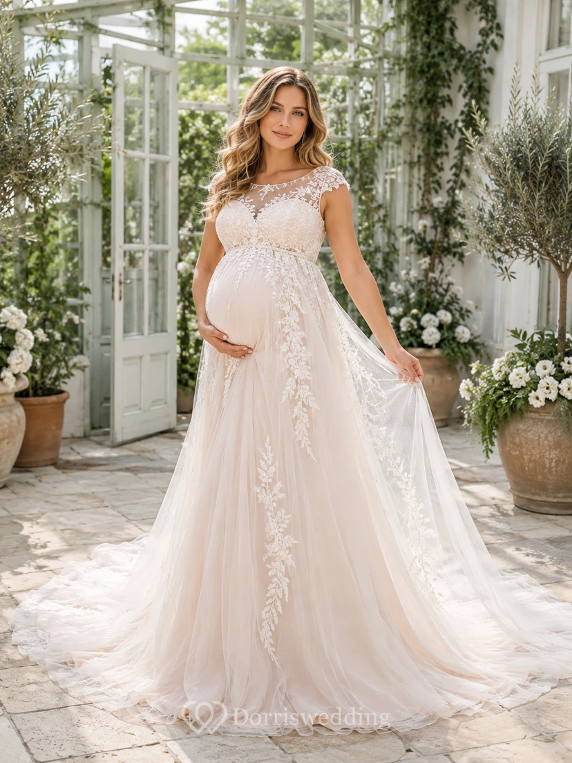 Umstands-Hochzeitskleid im A-Linien-Stil mit Spitze, kurzen Ärmeln und Greenhouse-Stil